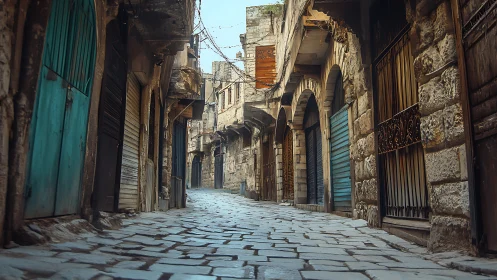 Weathered stone alleyway rests in quiet morning light