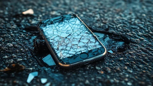 Smartphone with shattered glass screen lying on wet asphalt.