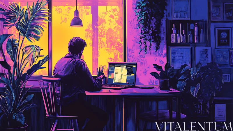 Person works on laptop in neon lit home office interior