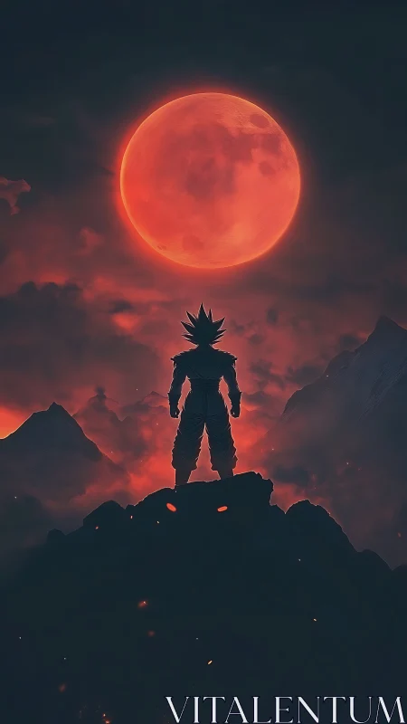 Lone warrior crowned by a burning crimson moonrise sky.