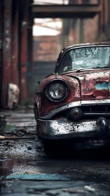 Photorealistic study of rusted classic car in urban decay.