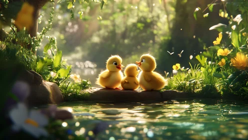 Three ducklings sit on a sunlit pond bank in dense foliage