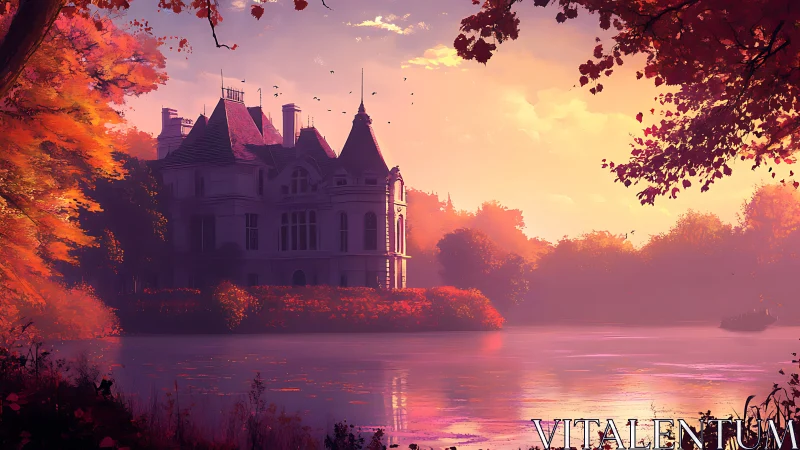Lakeside manor surrounded by dense autumn foliage at sunset.