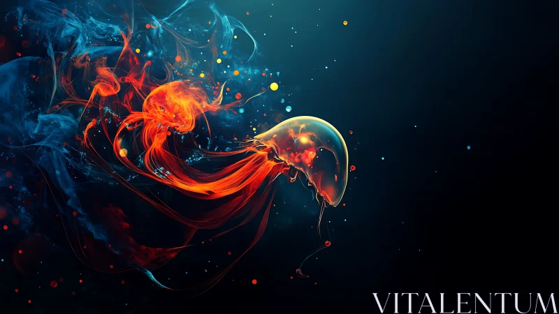 Glowing jellyfish drifts through colorful cosmic waters
