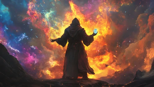 Hooded sorcerer commanding prismatic cosmic inferno.