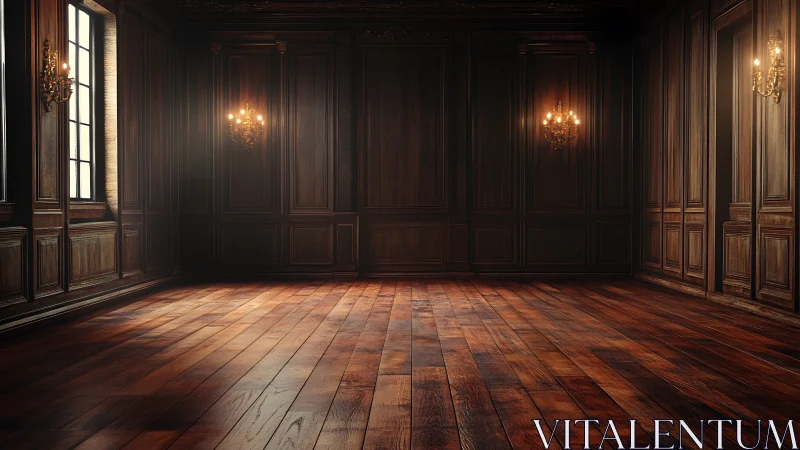 Empty classic wood paneled room with warm floor lighting.