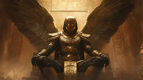 Winged armored deity on sandstone throne in golden haze