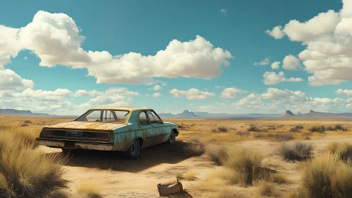 Rusting sedan rests in a vast, sunlit desert under clouds