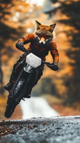 Fox-headed trail rider rips through blazing autumn forest.