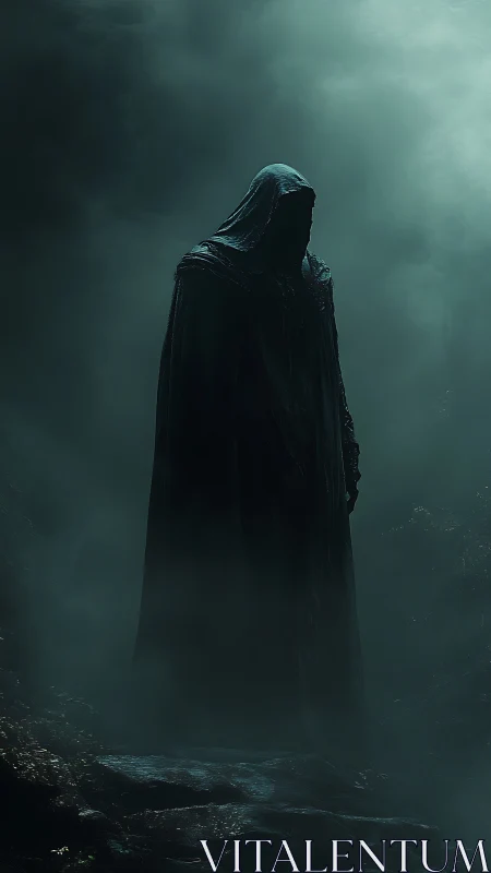 Hooded wraith stands in fog drenched ravine under distant light