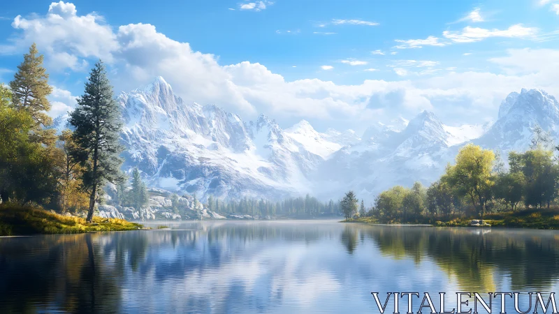 Peaceful mountain lake reflects bright skies and snowy peaks