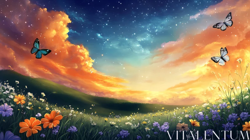 Butterflies over wildflower meadow under starry sunset sky.