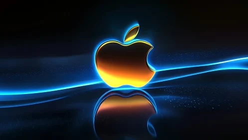 Luminous metallic apple emblem in neon ribbon environment.