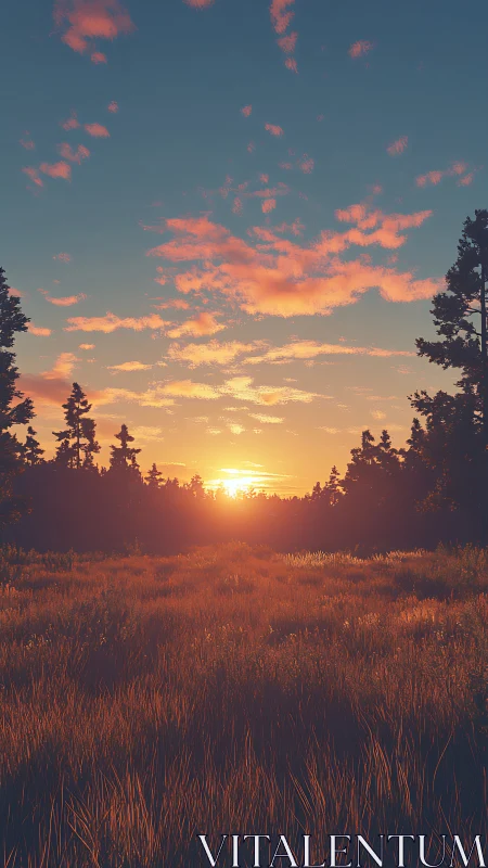 Sunset over grassy meadow with distant conifer treeline.