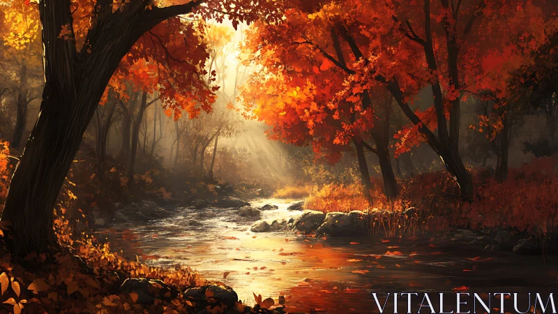 Autumn Stream Through Golden Forest Canopy.