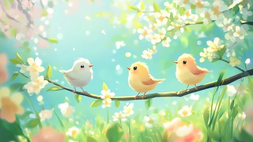 Spring songbirds rendered in soft-focus pastel digital painting