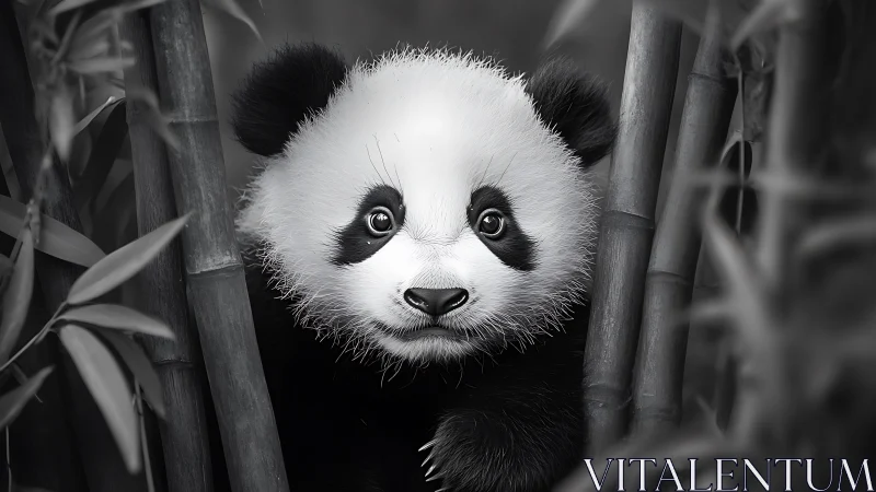 Close black and white portrait of a panda among bamboo.