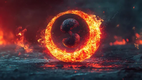 Fiery Portal with Dark Sphere in Apocalyptic Landscape.
