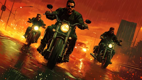 Stormlit bikers carving fire trails through a neon rainstorm.