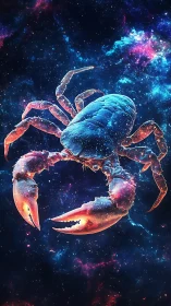 Crab-shaped nebula illustration floats in saturated deep space