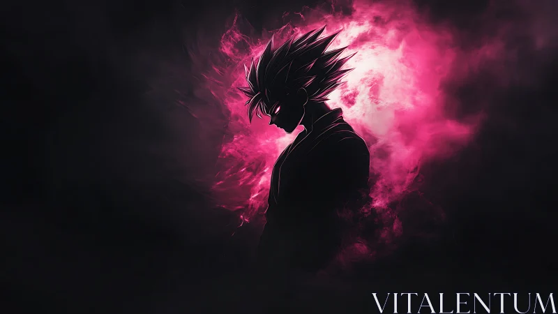 Silhouetted anime warrior contrasts against magenta energy vortex