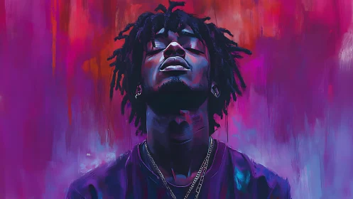 Portrait of man in neon purple and crimson glow.
