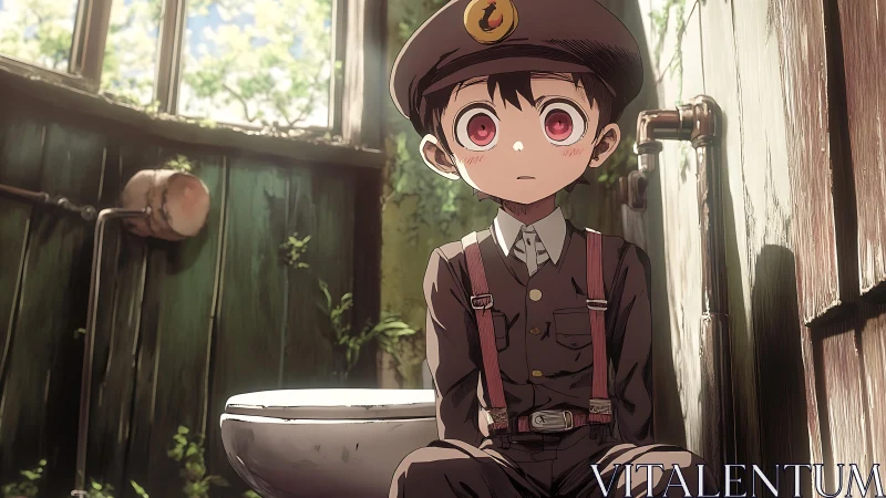 Quiet-eyed boy studies sunlight in a crumbling bathroom