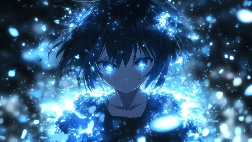 Glowing blue particle energy engulfs solemn anime portrait