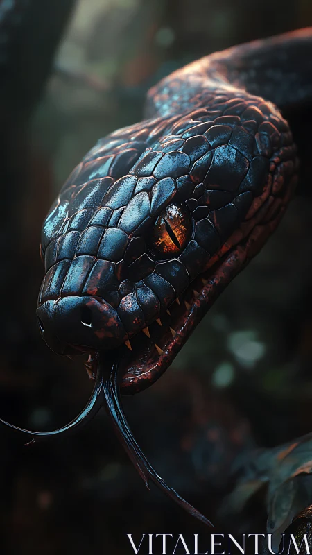 Ember-eyed serpent coils in dusk-lit jungle shadows.