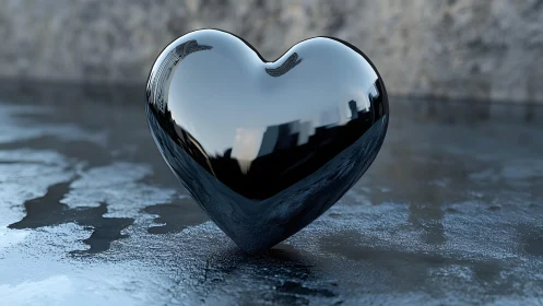 Glossy Black Heart Sculpture on Textured Surface, Modern Art Style.