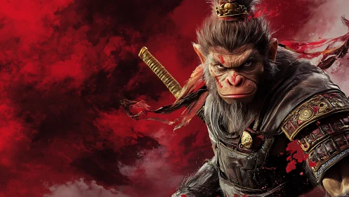Battle-hardened monkey warrior against storming crimson sky.