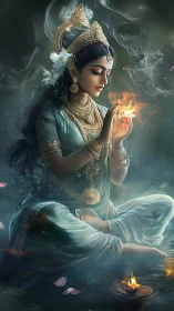 Woman in ornate attire holding flame in misted setting.