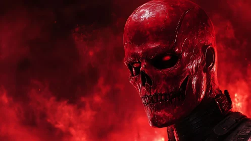 Crimson skull warrior emerging from a blazing red inferno.