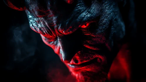 Demonic closeup rendered in red light and heavy shadow.