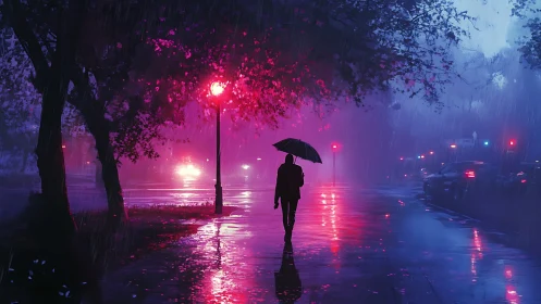 Solitary figure walks neon city street under night rain.