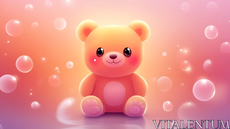 Cartoon teddy bear sits centered amid glowing bubbles