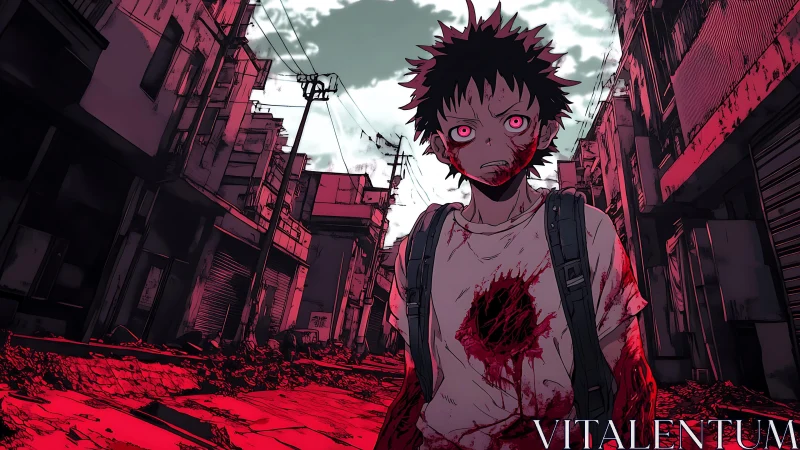 Bloodied anime boy stands in ruined red city street