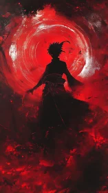 Shadow wanderer before the crimson spiral sky.