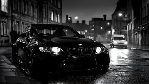 Sleek black BMW coupe glows on wet city street at night.