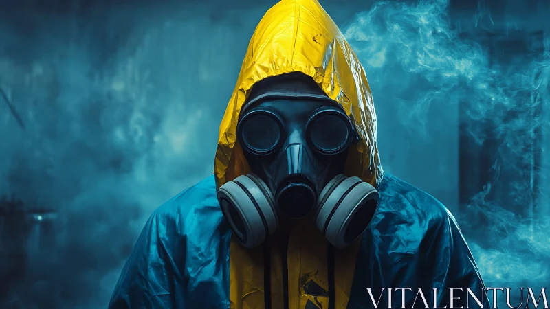 Person in hazmat suit and gas mask stands in dense smoke