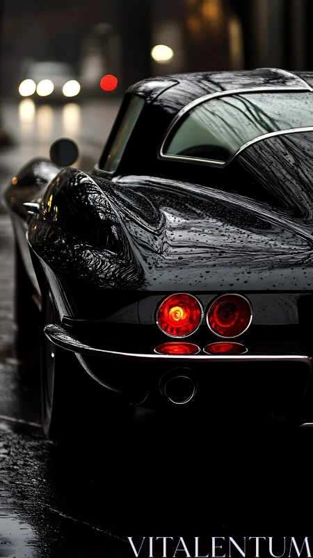 Rain-slick classic coupe stalking city lights at dusk.