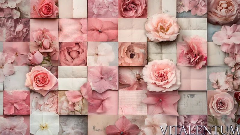 Floral Grid Collage: Pink Roses and Peonies in Textile Mosaic