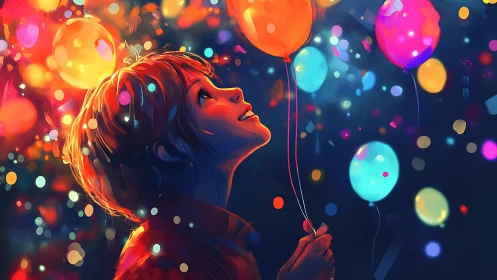 Child gazes upward holding glowing balloons in vivid night