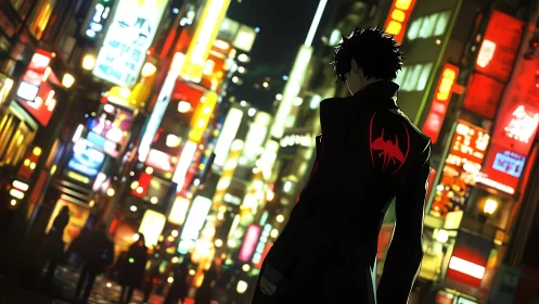 Lone vigilante walks through neon city streets at night.