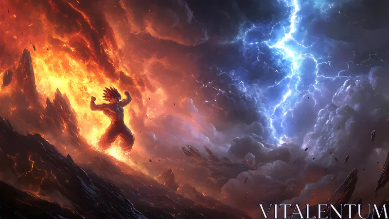 Warrior channels volcanic fire against stormlit sky divide