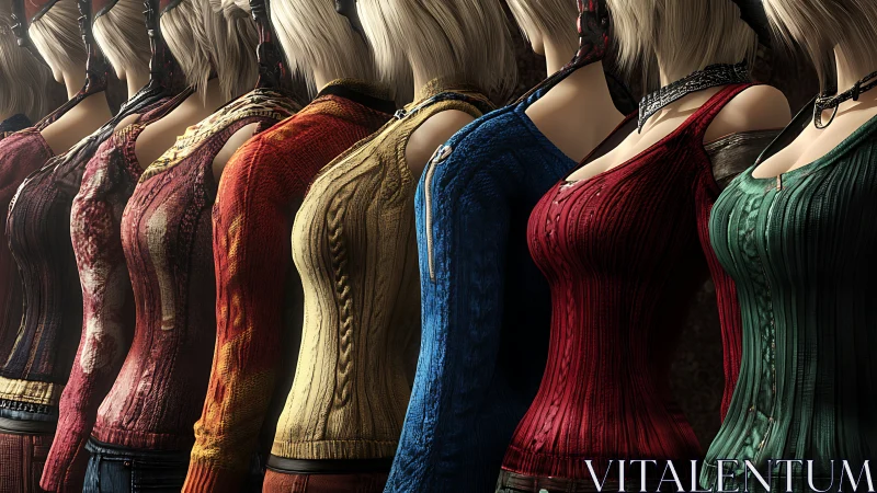 Row of stylized women in tight colored sweaters, side view.