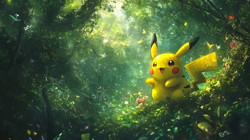 Pikachu in Verdant Forest Canopy with Mystical Light Rays.