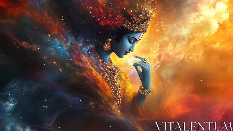 Divine blue figure in ornate jewelry within cosmic clouds.