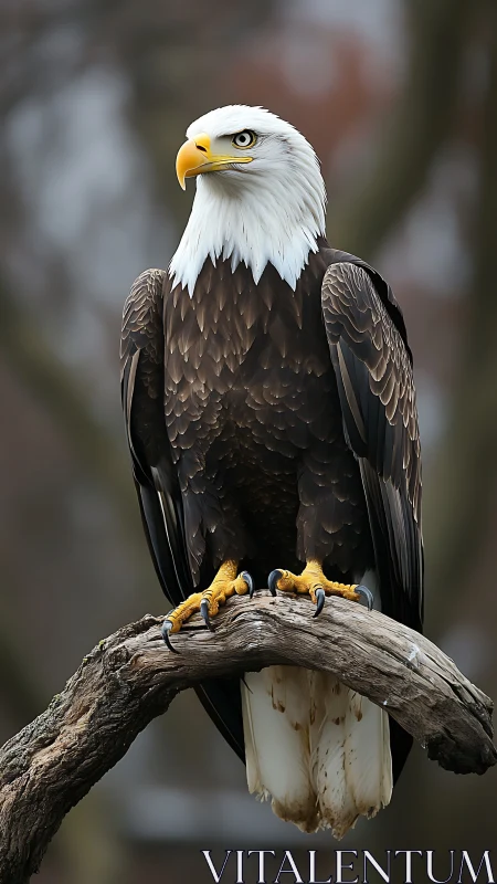 Regal bald eagle study on weathered branch in soft bokeh field.