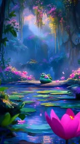 Luminous frog lagoon dreaming beneath cascading floral skies.